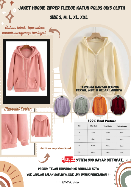 Jaket Hoodie Zipper Fleece Katun Polos Oixs Cloth