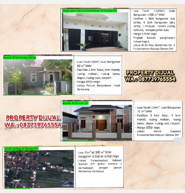Dijual Murah Tanah, Rumah, Penginapan Di Sleman Diy Dan Semarang, Jateng.H: 087739765554