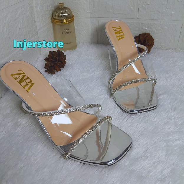 Sandal Hels Mules Tali Silang Elegan Hak Kaca 7cm