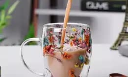 Gelas Kaca Cangkir Kaca Dua Lapisan Gelas Minum Gelas Aesthetic Bunga Batang Bulat-Bulat Cangkir Kop
