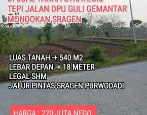 Tanah 540m2 Di Tepi Jalan Dpu Guli Gemantar Mondokan Sragen 