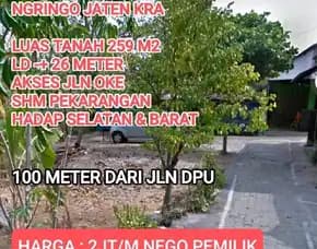 Tanah Hook 259m2 10x26m Di Palur Ngringo Jaten Karanganyar 