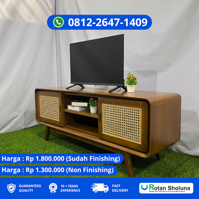 Meja Tv Jati Kombinasi Putih Dan Kayu Natural