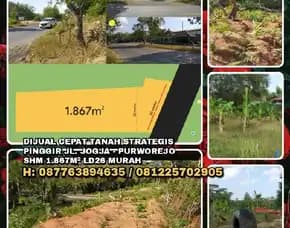 Dijual Tanah Pekarangan Luas 1867m² Shm Lokasi Strategis Pinggir Jalan Raya Jogja-Purworejo