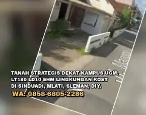 Tanah Strategis Dekat Kampus Ugm.Lt180 Ld10 Shm Lingkungan Kost Di Sinduadi, Mlati, Sleman, Diy.