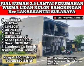 Jual Rumah 2.5 Lantai Perumahan Wisma Lidah Kulon Surabaya Dekat Kampus Unesa Shm Strayegis