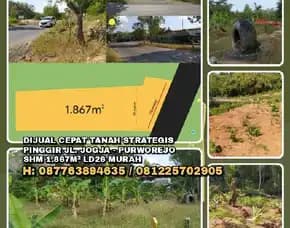 Tanah Murah Strategis Pinggir Jl. Jogja - Purworejo.Shm 1.867m² Ld26.H: 087763894635 / 081225702905>